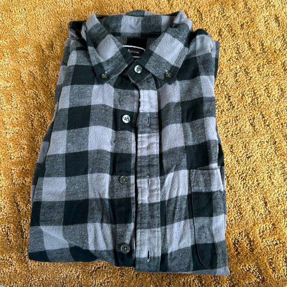 Club Room Shirt Mens Medium Button Up Black Gray Plaid Long Sleeve M Pocket